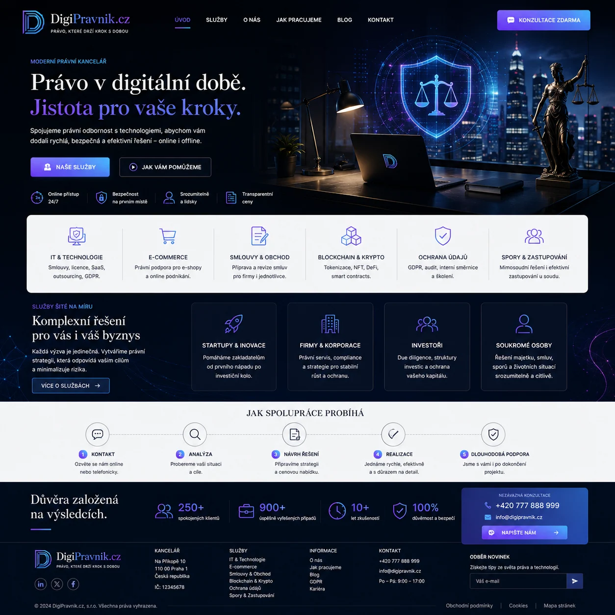Návrh tmavě modrého webu DigiPravnik.cz pro digitální právní kancelář a služby pro firmy i soukromé klienty